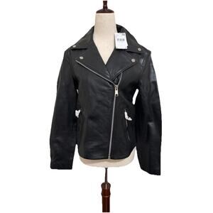 Mango Genuine Leather Cazadora Moto Jacket Silver Hardware New Size Medium